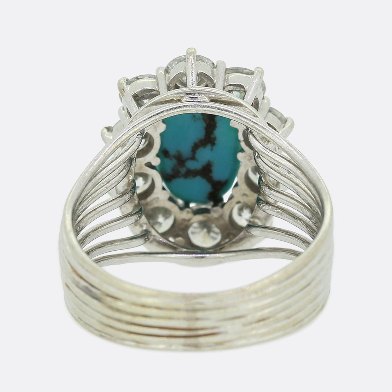 Oval Cut Vintage Turquoise and Diamond Cluster Ring For Sale
