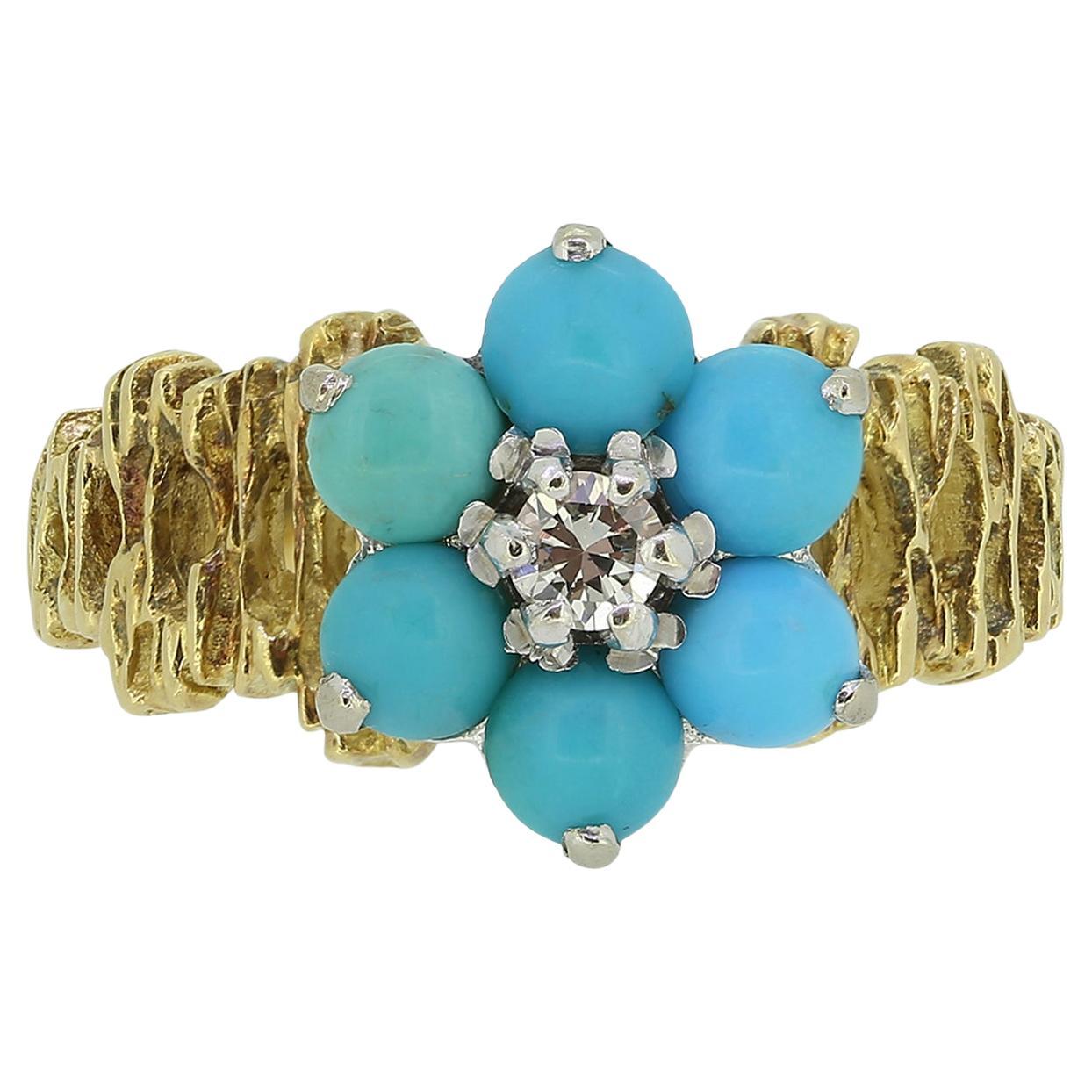 Vintage Turquoise and Diamond Cluster Ring For Sale