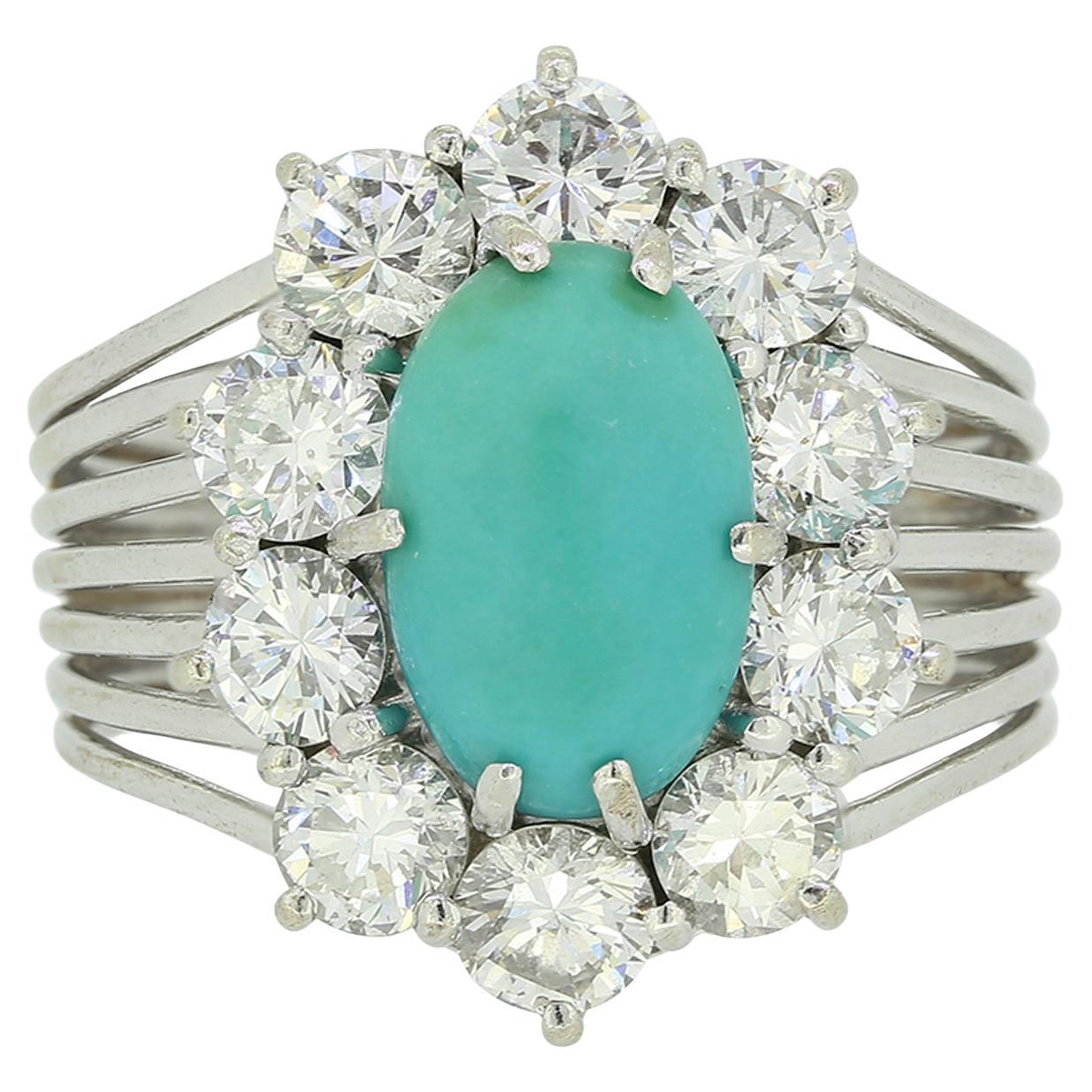 Bague grappe vintage en turquoise et diamants