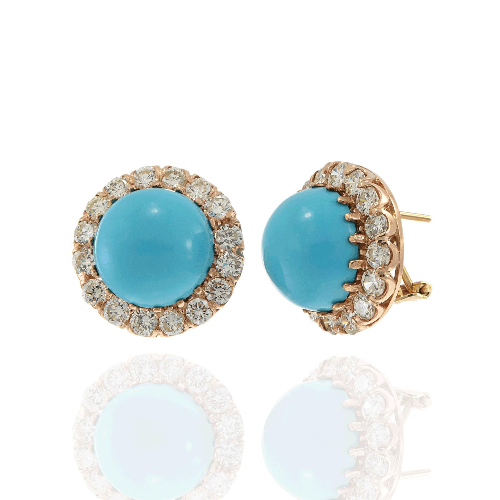 Cabochon Orecchini d'epoca in turchese e diamanti con oro rosa 14KT in vendita
