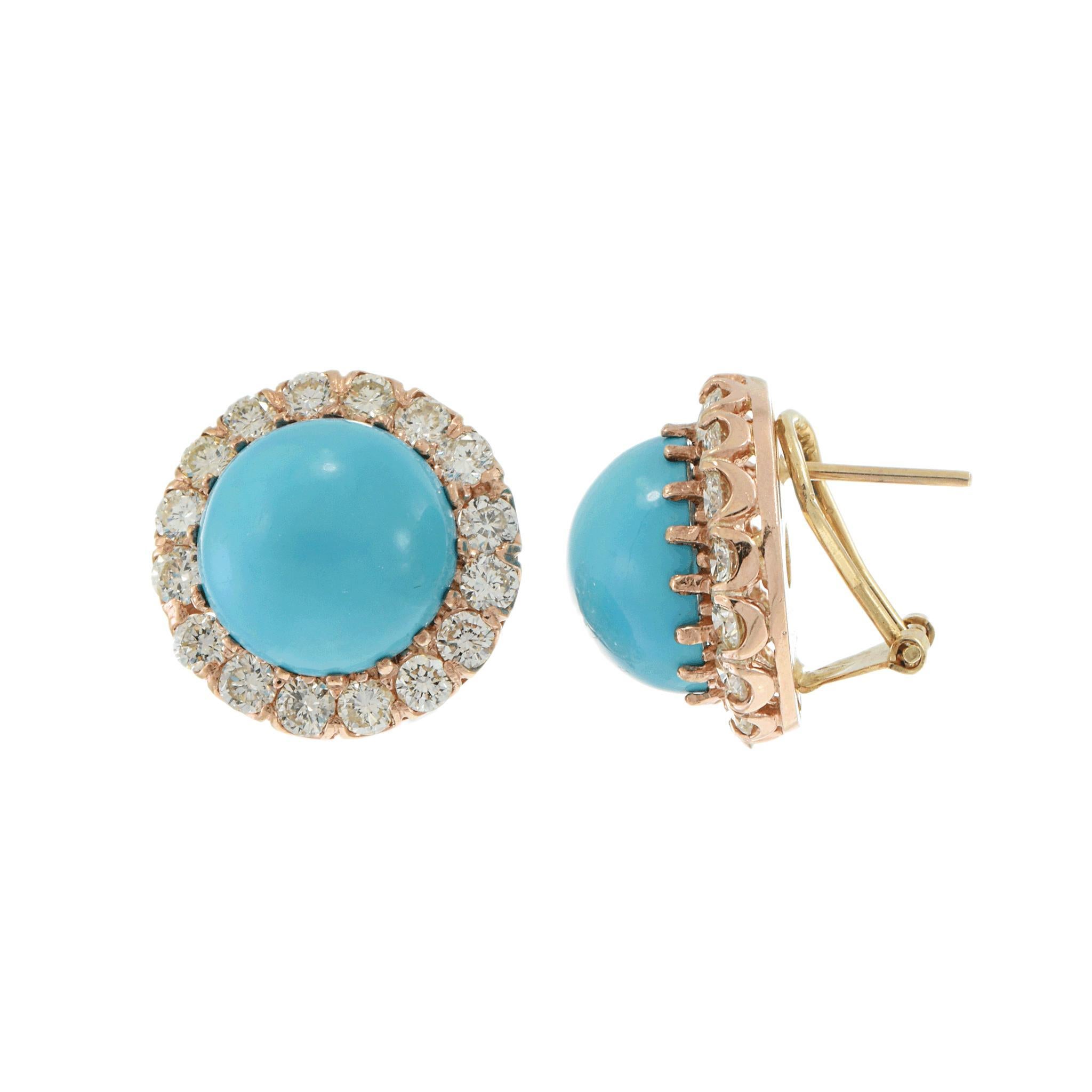 Orecchini d'epoca in turchese e diamanti con oro rosa 14KT In condizioni buone in vendita a New York, NY