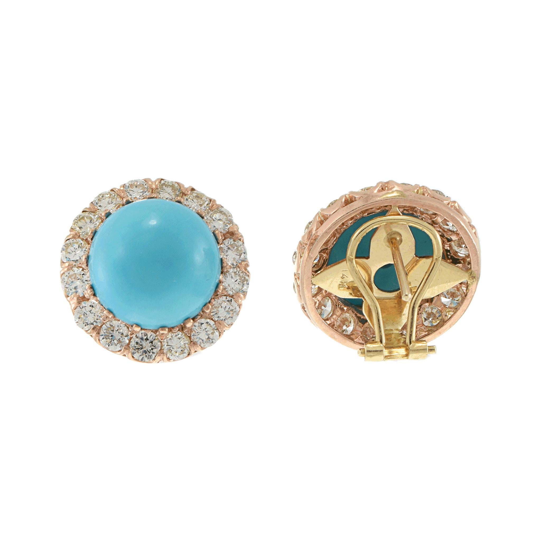 Donna Orecchini d'epoca in turchese e diamanti con oro rosa 14KT in vendita