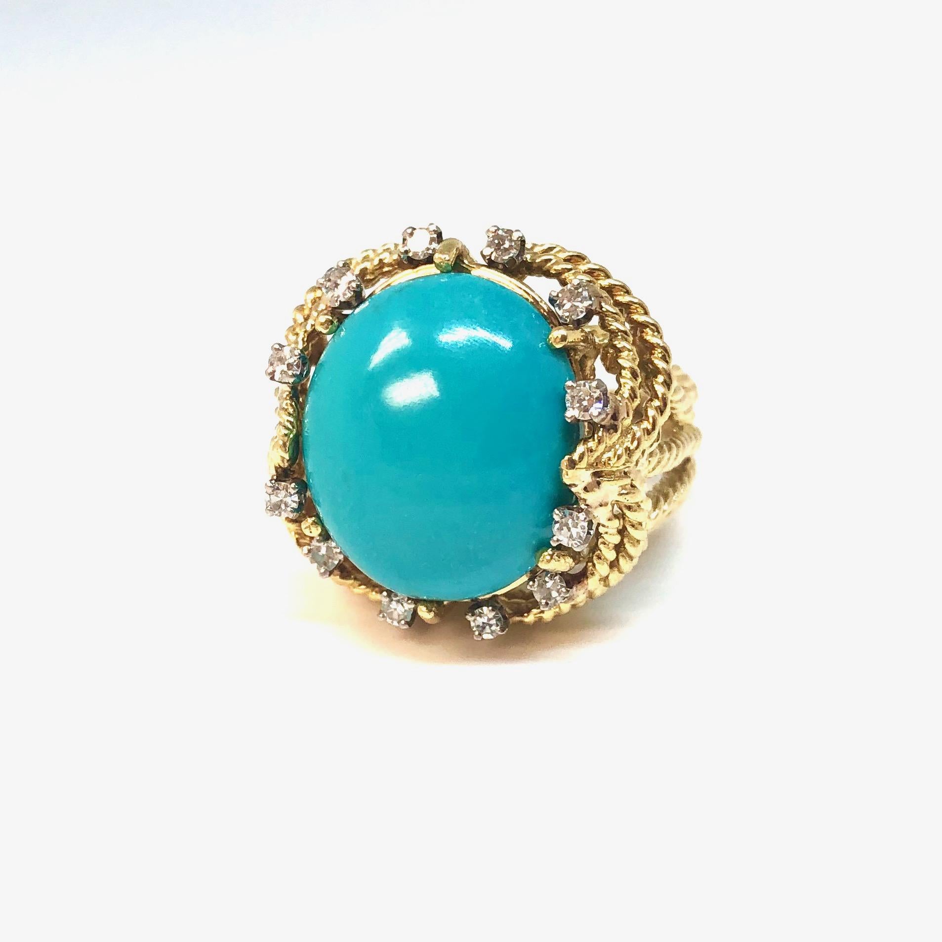 Crafted in 18K yellow gold, the ring features an oval cabochon natural turquoise accented by diamonds, supported by a rope style design multi-wire setting. 12 single cut diamonds, approximate total weight: 0.35ct. Color: G-H, Clarity: