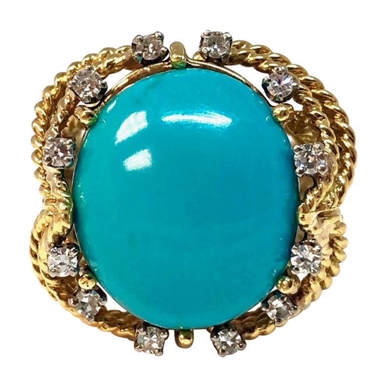 Vintage Turquoise and Diamond Gold Ring im Angebot