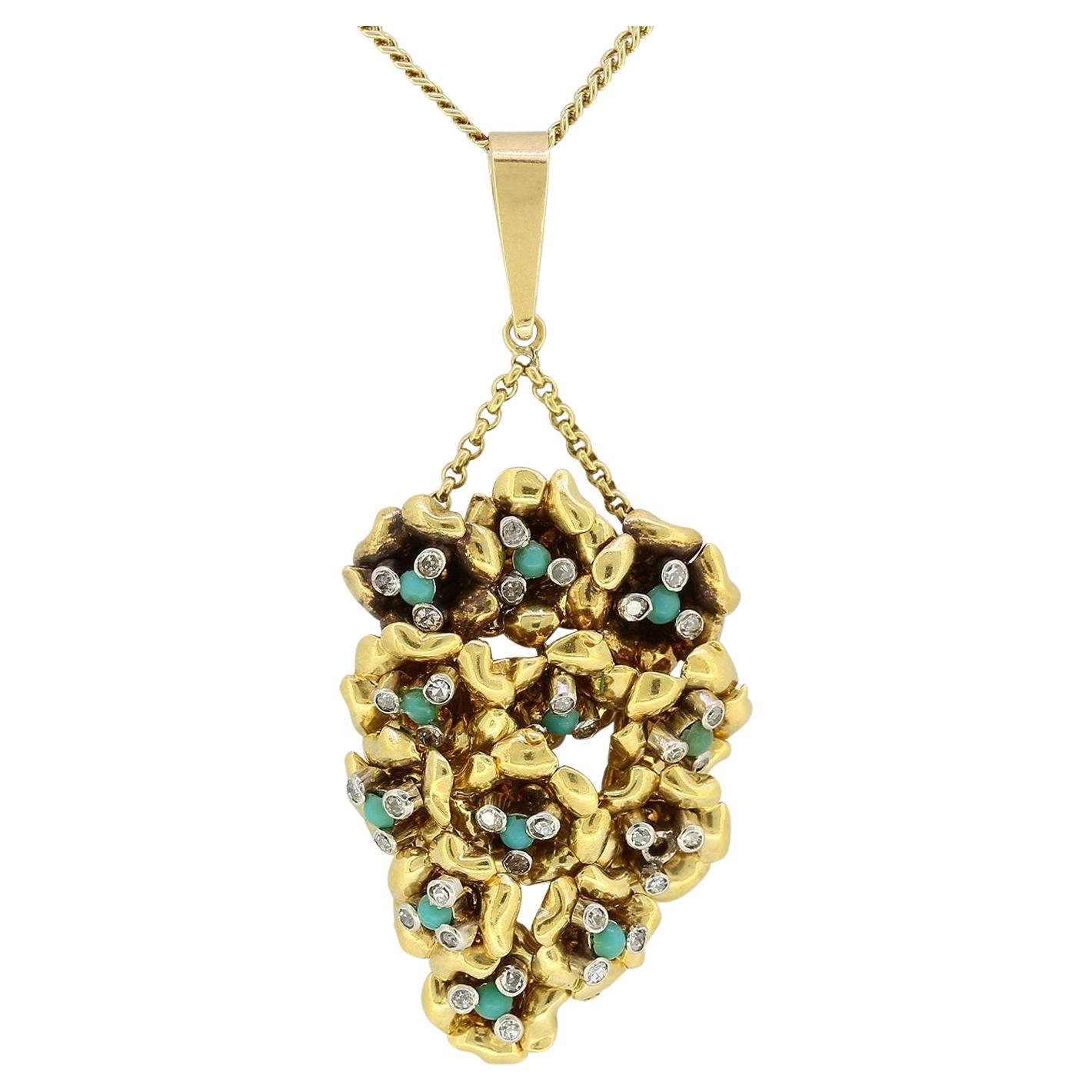 Vintage Turquoise and Diamond Moveable Pendant For Sale