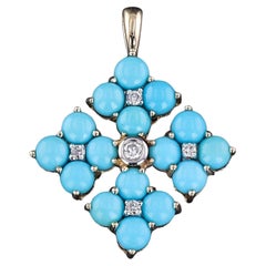 Vintage Turquoise and Diamond Pendant of 14k Gold