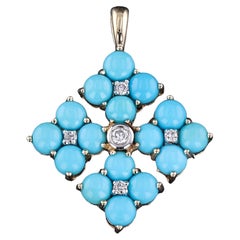 Vintage Turquoise and Diamond Pendant of 14k Gold