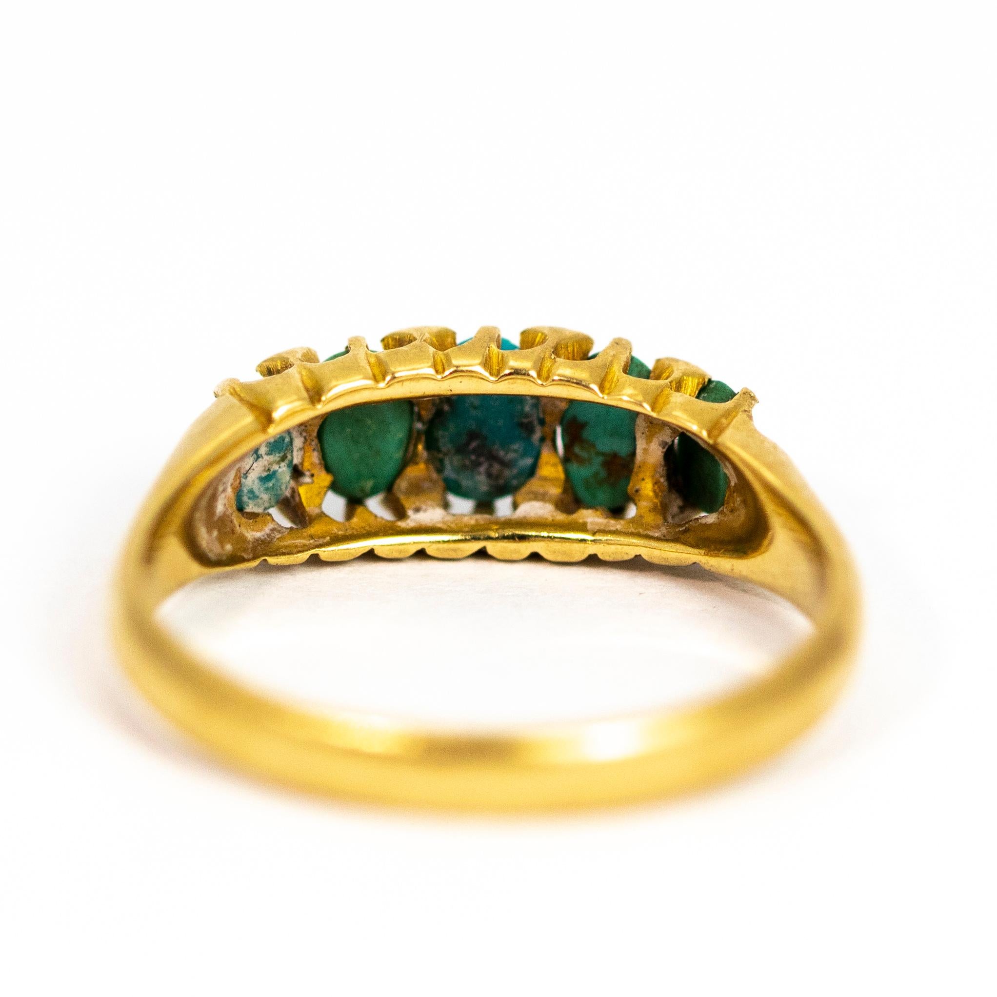 Modern Vintage Turquoise and Diamond Point Five-Stone 18 Carat Ring