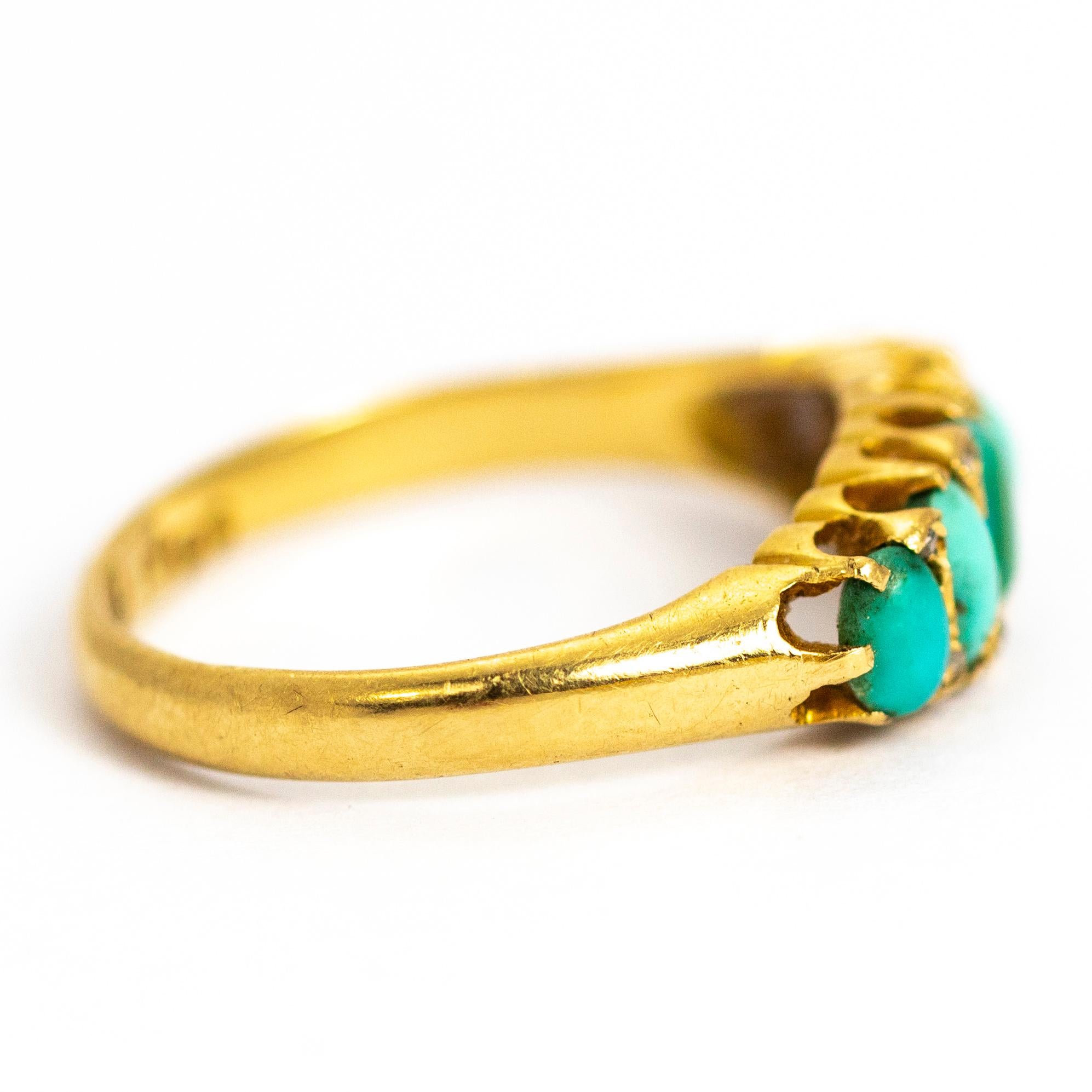Vintage Turquoise and Diamond Point Five-Stone 18 Carat Ring In Good Condition In Chipping Campden, GB