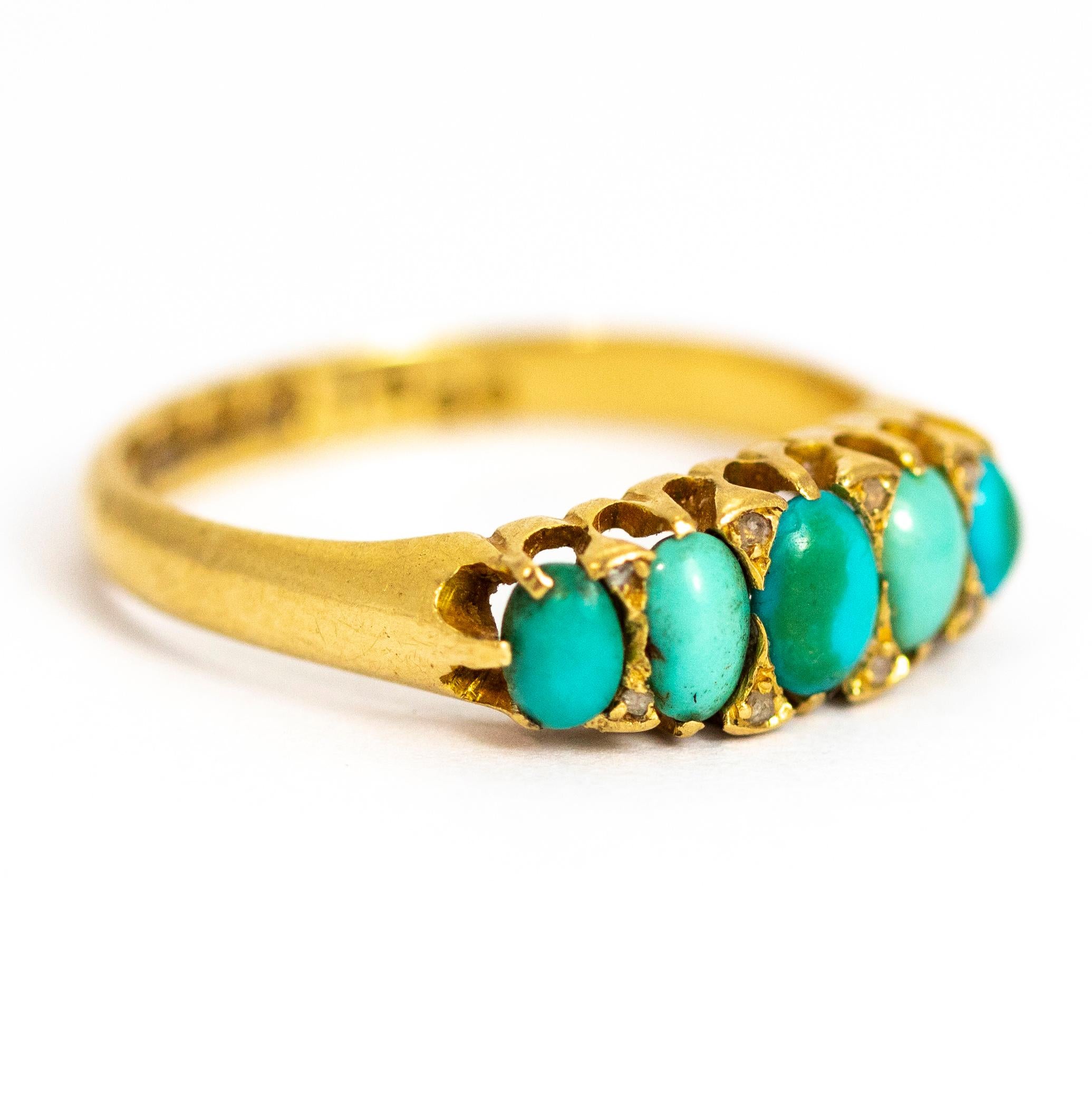 Women's or Men's Vintage Turquoise and Diamond Point Five-Stone 18 Carat Ring