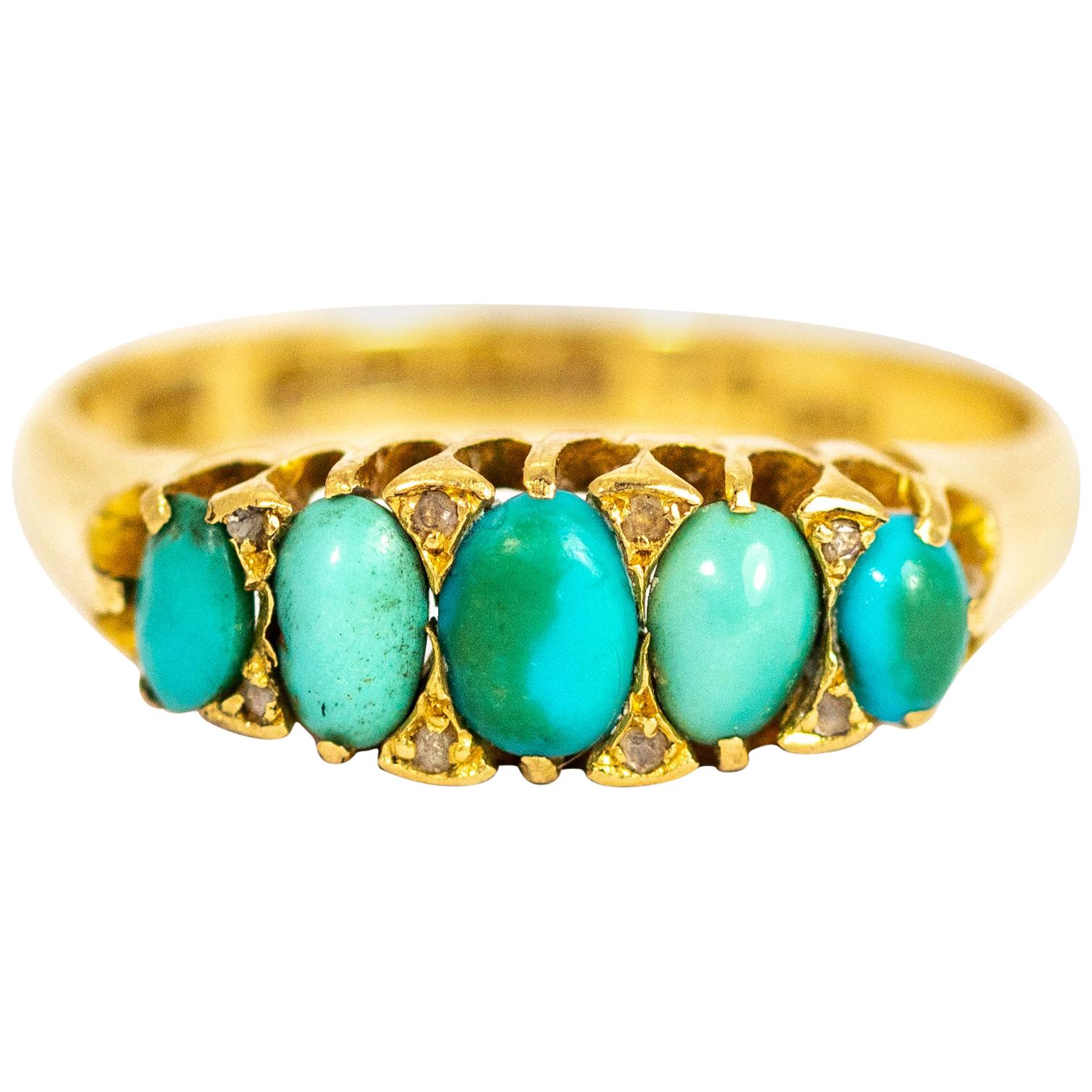 Vintage Turquoise and Diamond Point Five-Stone 18 Carat Ring