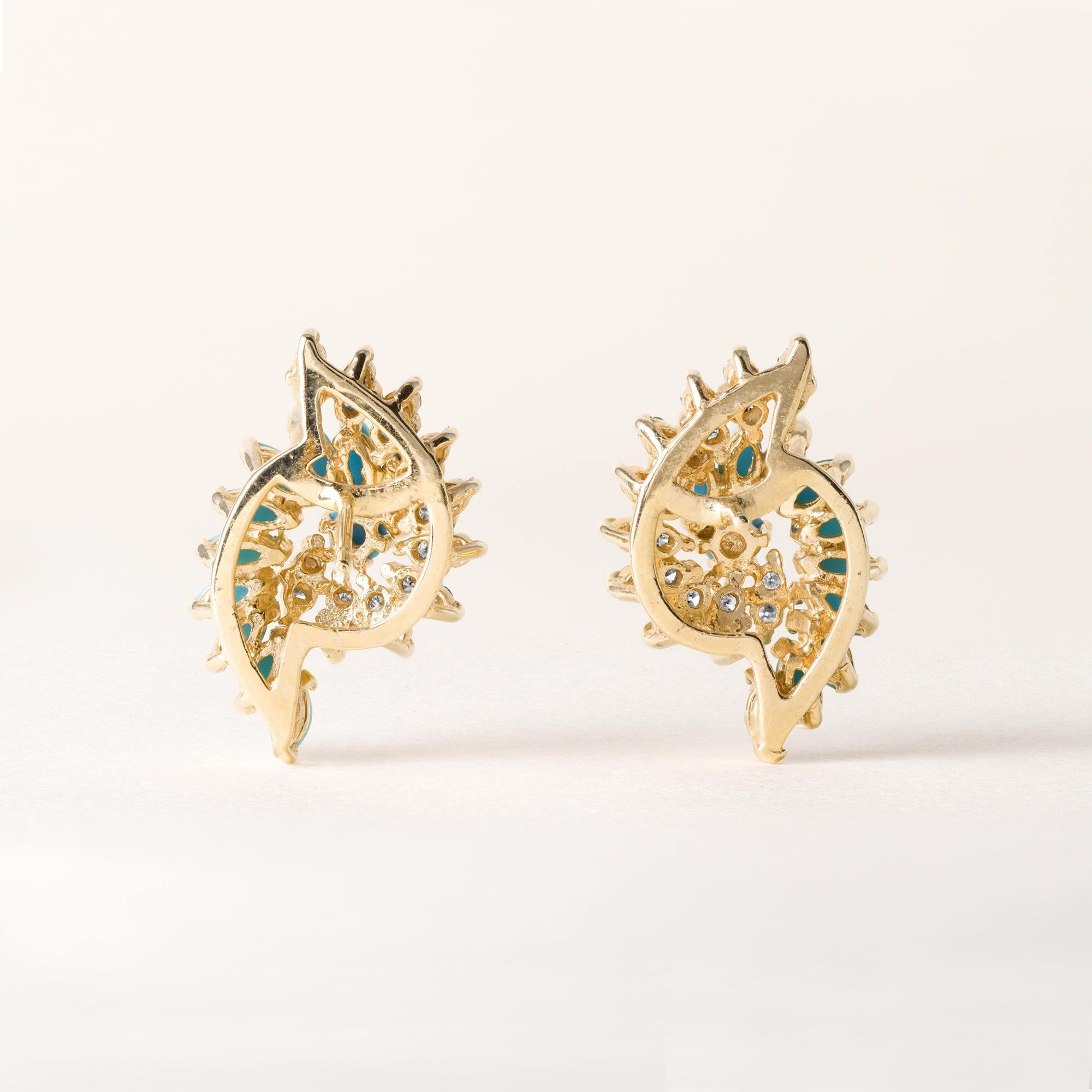Vintage Türkis und Diamant Swirl Ohrring und Anhänger Set 14K Gelbgold im Angebot 2