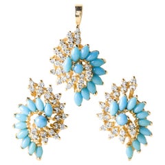 Set di orecchini e ciondoli con turbine di turchesi e diamanti vintage in oro giallo 14K