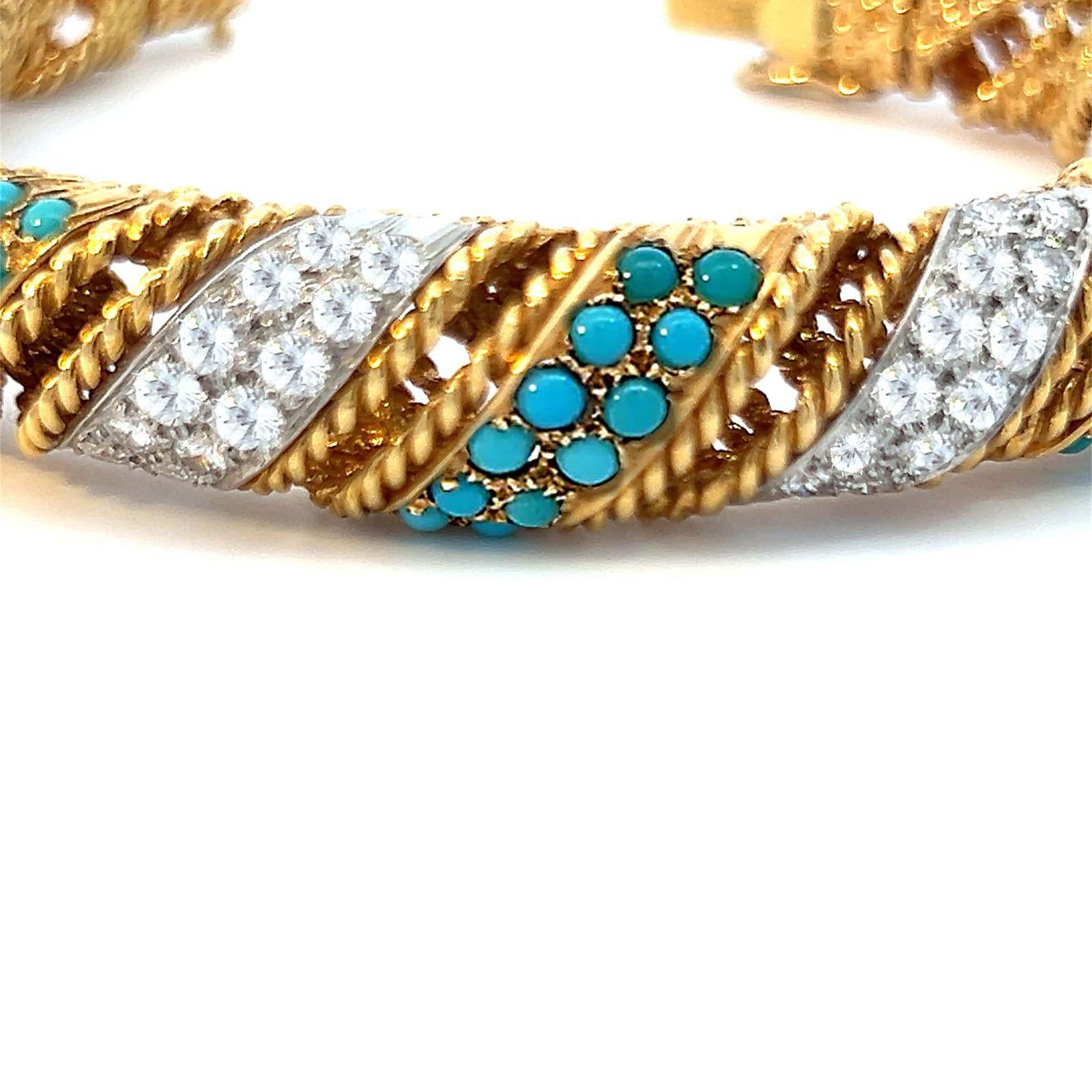 Round Cut Vintage Turquoise and Dimond 18k Cuff Bracelet For Sale