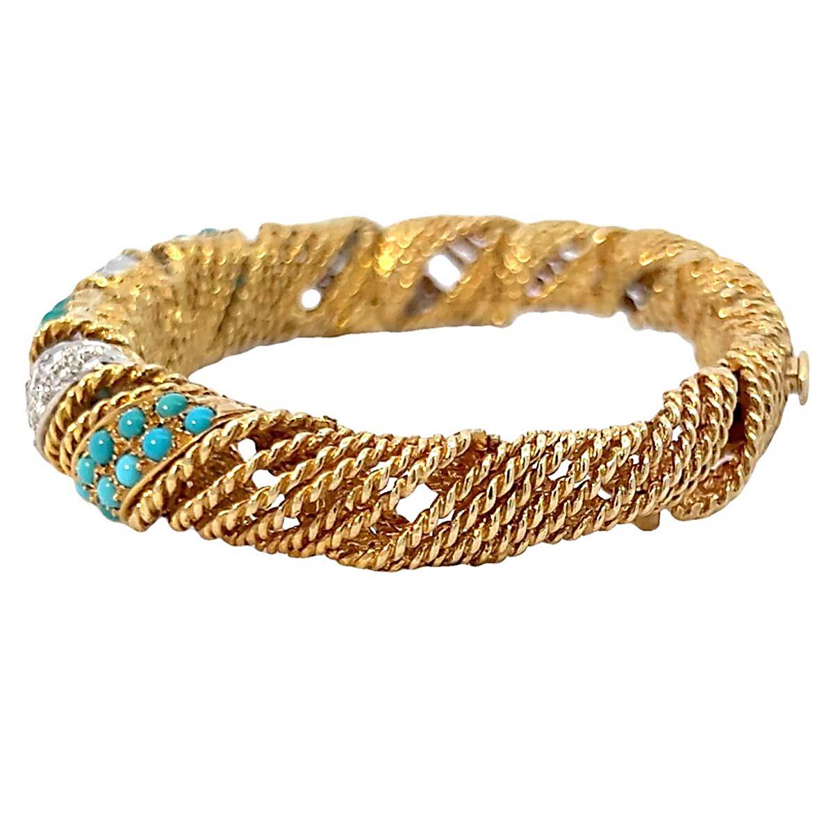 Vintage Turquoise and Dimond 18k Cuff Bracelet In Excellent Condition For Sale In Beverly Hills, CA