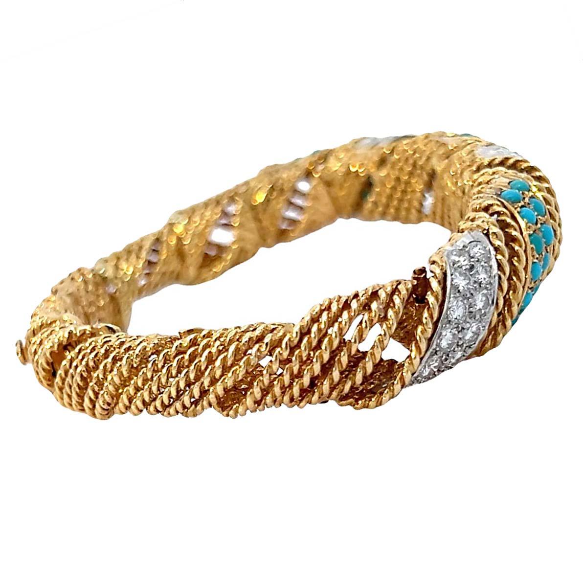 Bracelet manchette vintage en Turquoise et Dimond 18k en vente 1