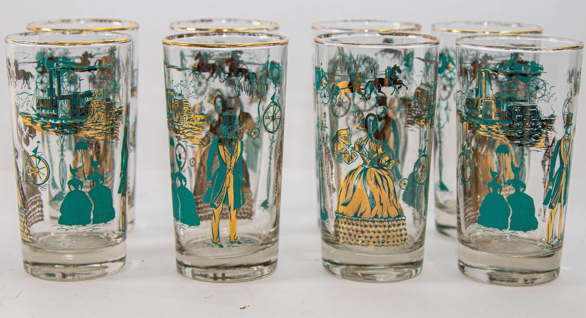 Vintage Turquoise and Gold Highball Barware Glasses Set of 8, circa 1960 5