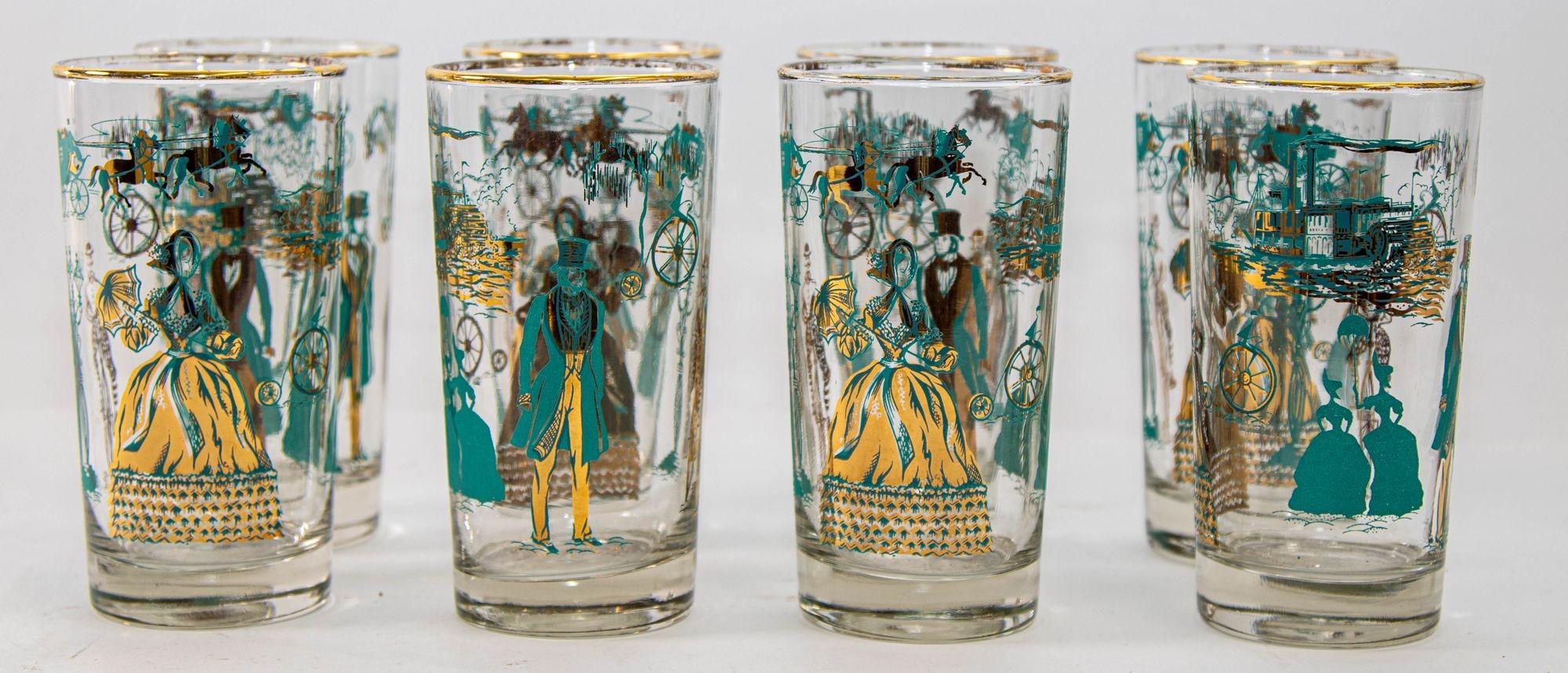 Vintage Turquoise and Gold Highball Barware Glasses Set of 8, circa 1960 7