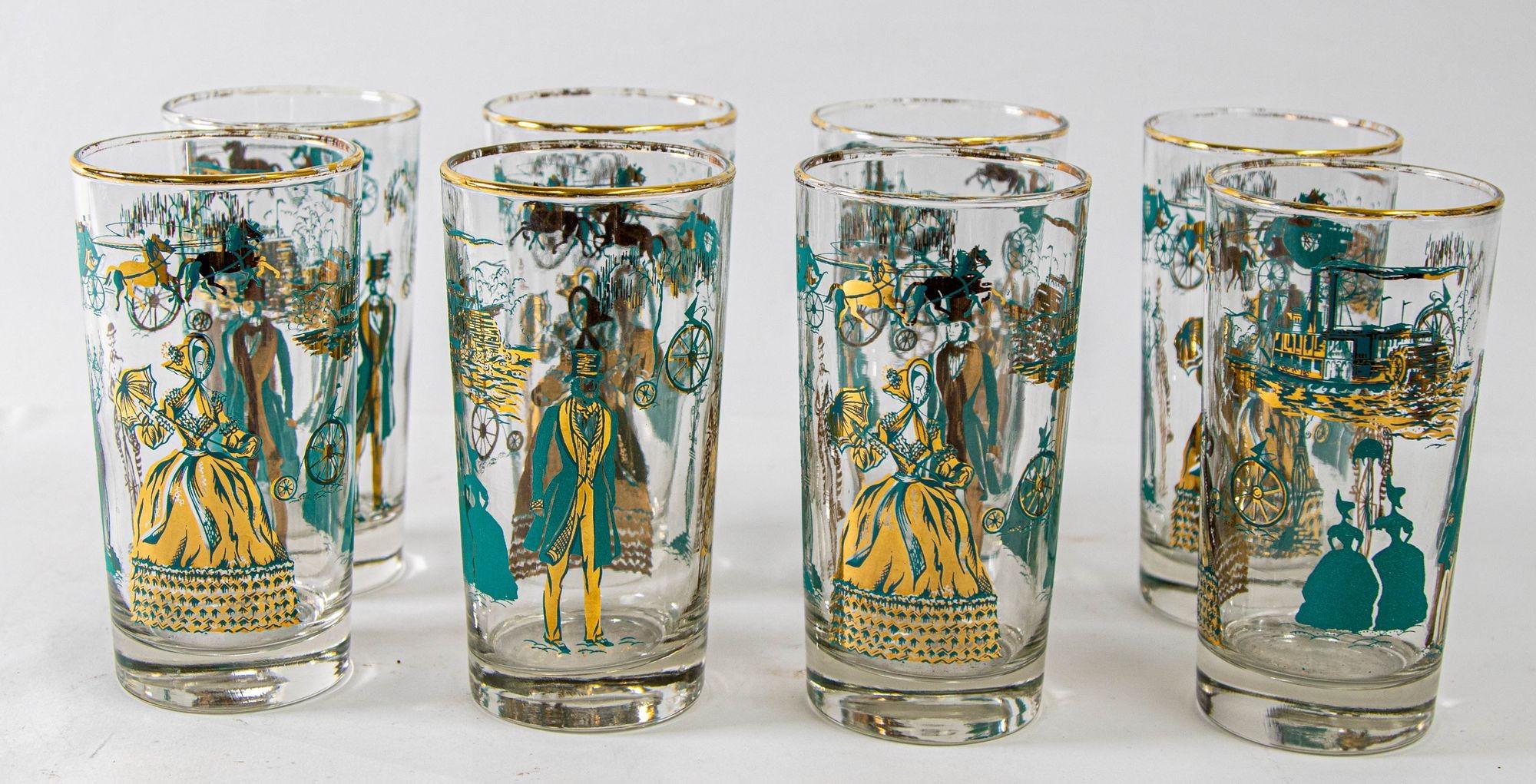 Vintage Turquoise and Gold Highball Barware Glasses Set of 8, circa 1960 8