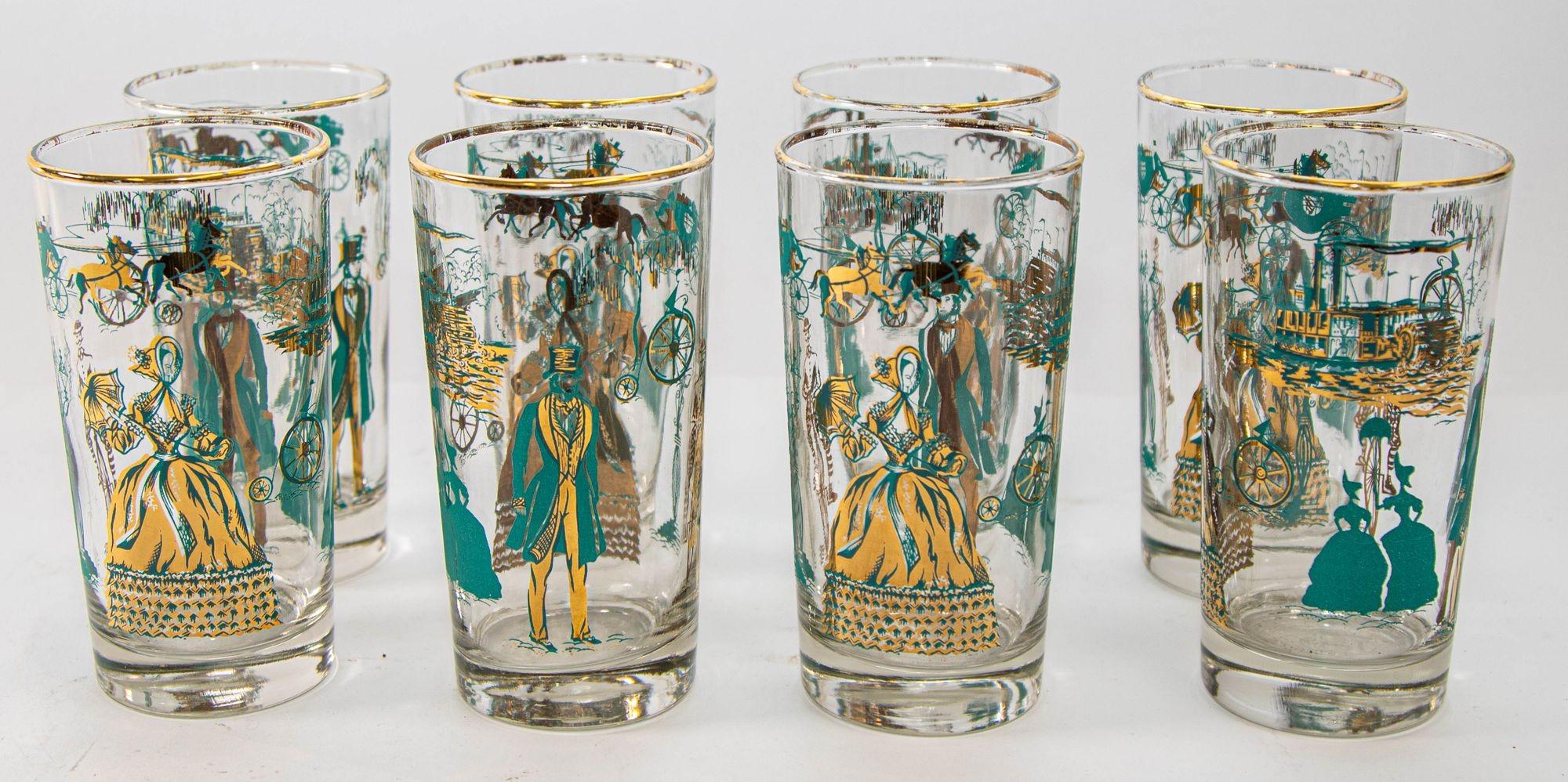 Elegant exquisite vintage set of eight turquoise and gold highball cocktail glasses.
circa 1960s glasses depicting rich gentleman and ladies figures wearing Renaissance Victorian Dress, horse carriage and other period design.
Set of 8 collectible
