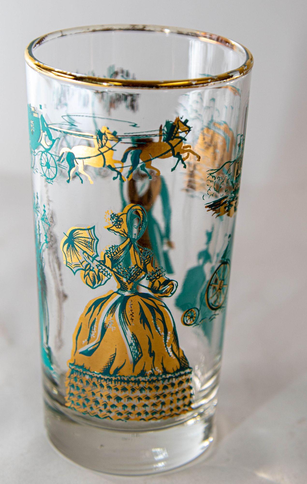 Mid-Century Modern Vintage Turquoise and Gold Highball Barware Glasses Set of 8, circa 1960