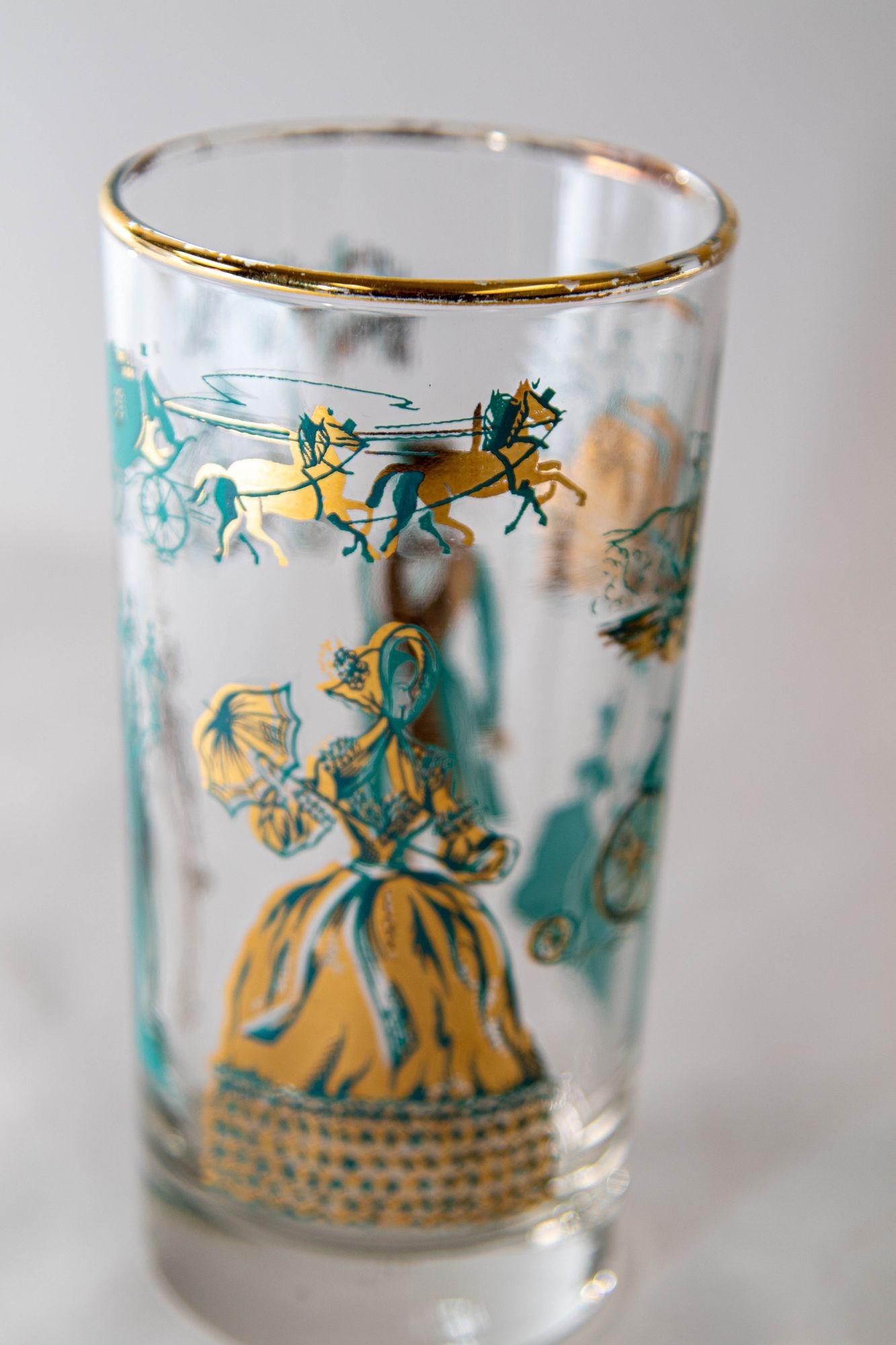 American Vintage Turquoise and Gold Highball Barware Glasses Set of 8, circa 1960