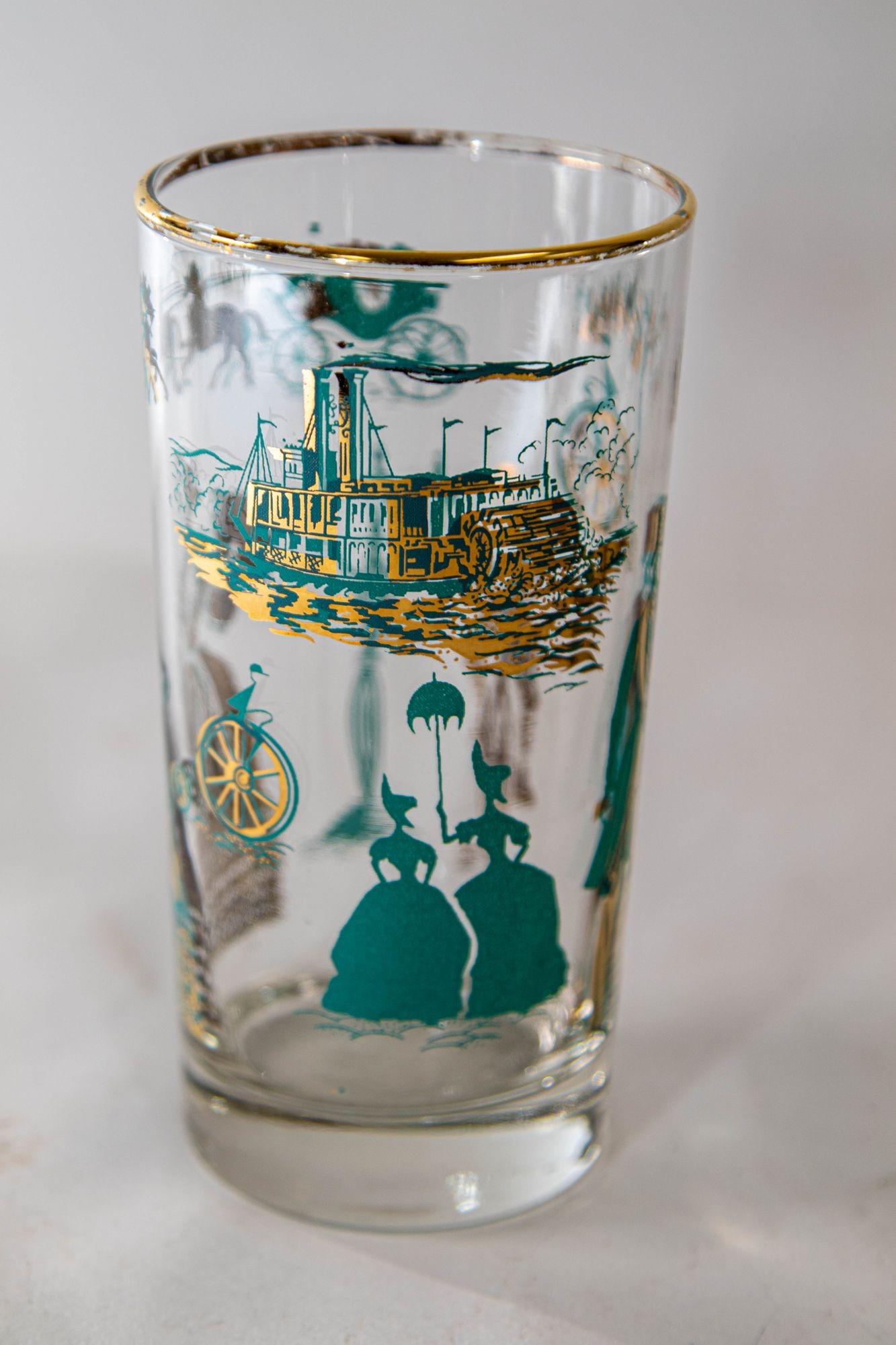 Vintage Turquoise and Gold Highball Barware Glasses Set of 8, circa 1960 In Good Condition In North Hollywood, CA