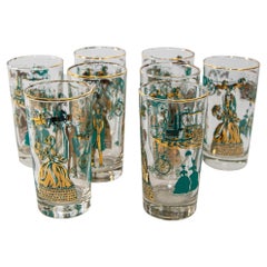 Retro Turquoise and Gold Highball Barware Glasses Set of 8, circa 1960