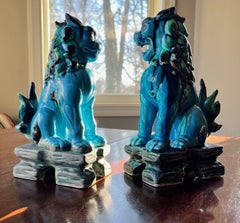 Vintage Turquoise and Green Glaze Ceramic Japanese Komainu or Lion Dogs, a Pair