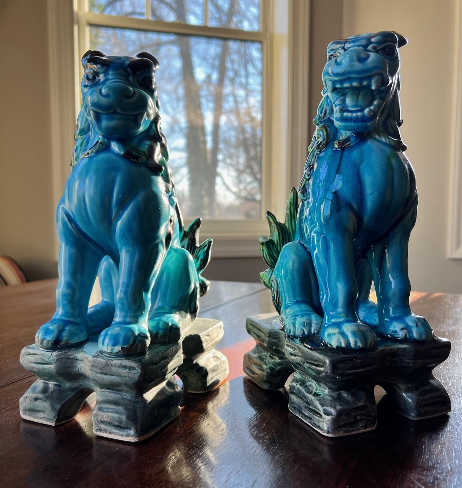 Fired Vintage Turquoise and Green Glaze Ceramic Japanese Komainu or Lion Dogs, a Pair