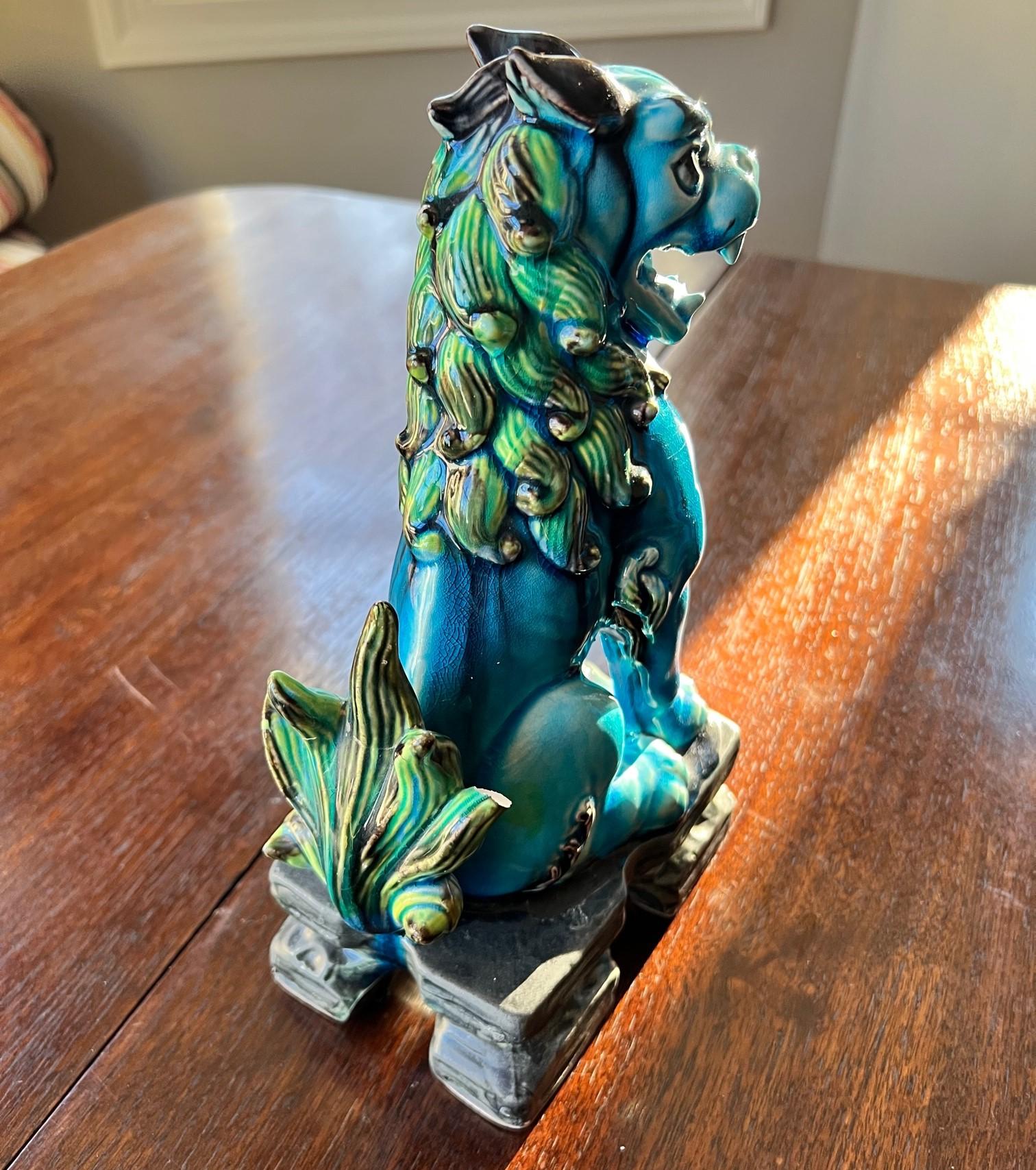 Vintage Turquoise and Green Glaze Ceramic Japanese Komainu or Lion Dogs, a Pair 1