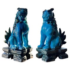 Retro Turquoise and Green Glaze Ceramic Japanese Komainu or Lion Dogs, a Pair
