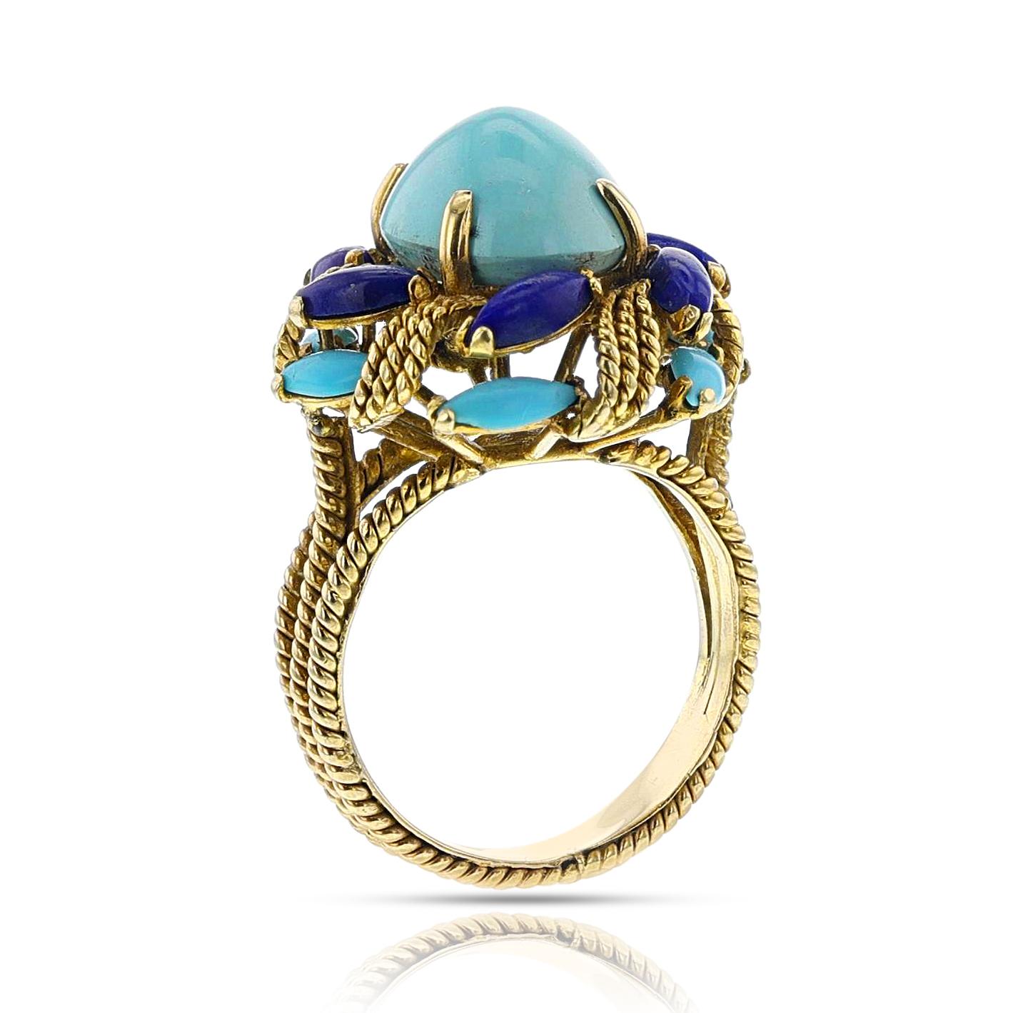 Mixed Cut Vintage Turquoise and Lapis Lazuli Cocktail Ring, 14k For Sale
