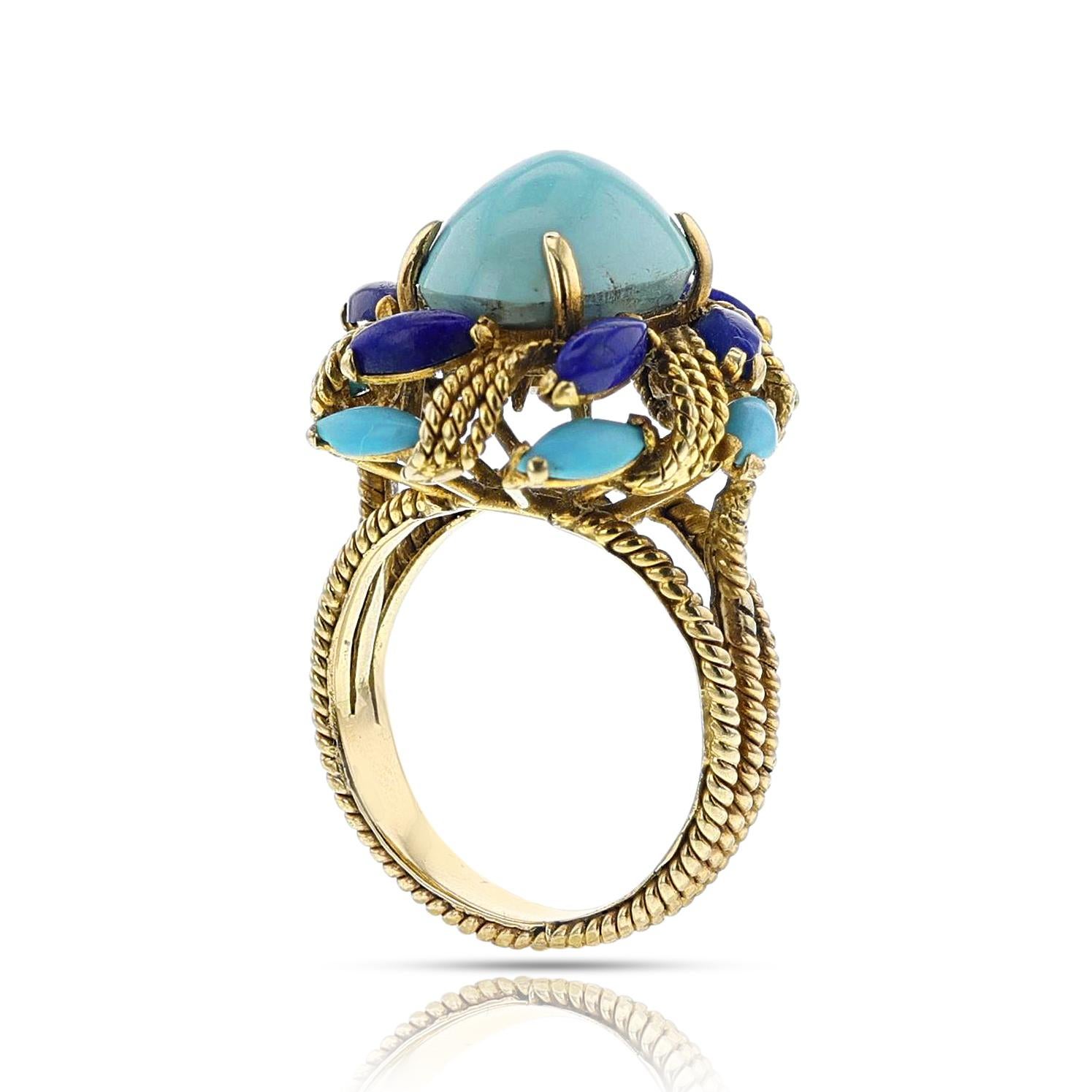 Vintage Turquoise and Lapis Lazuli Cocktail Ring, 14k In Excellent Condition For Sale In New York, NY