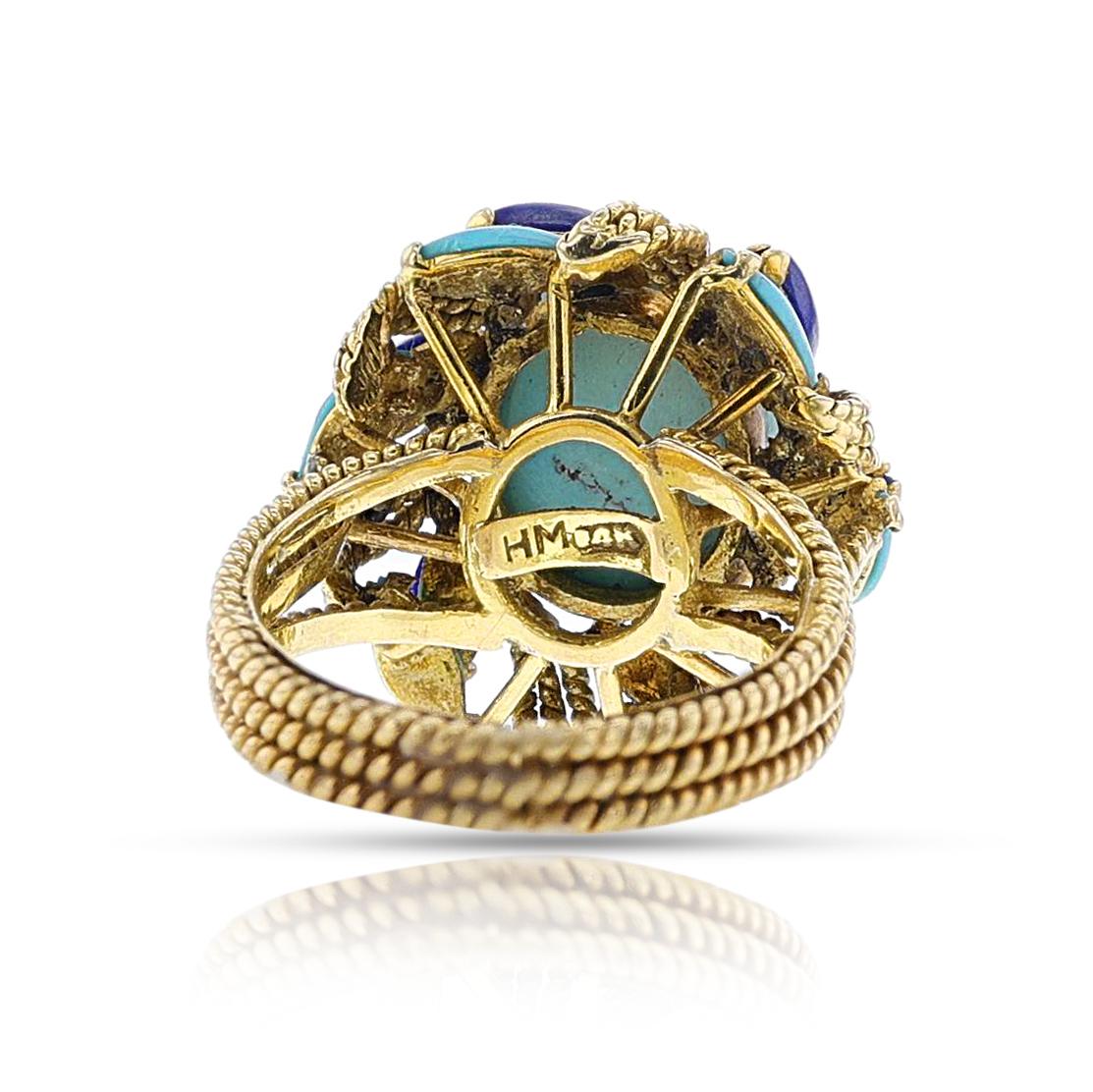 Women's or Men's Vintage Turquoise and Lapis Lazuli Cocktail Ring, 14k For Sale