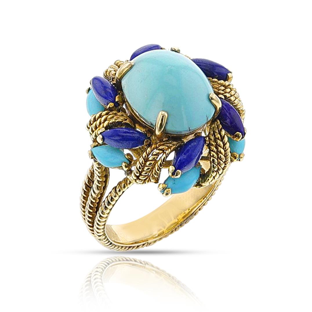 Vintage Turquoise and Lapis Lazuli Cocktail Ring, 14k For Sale 1