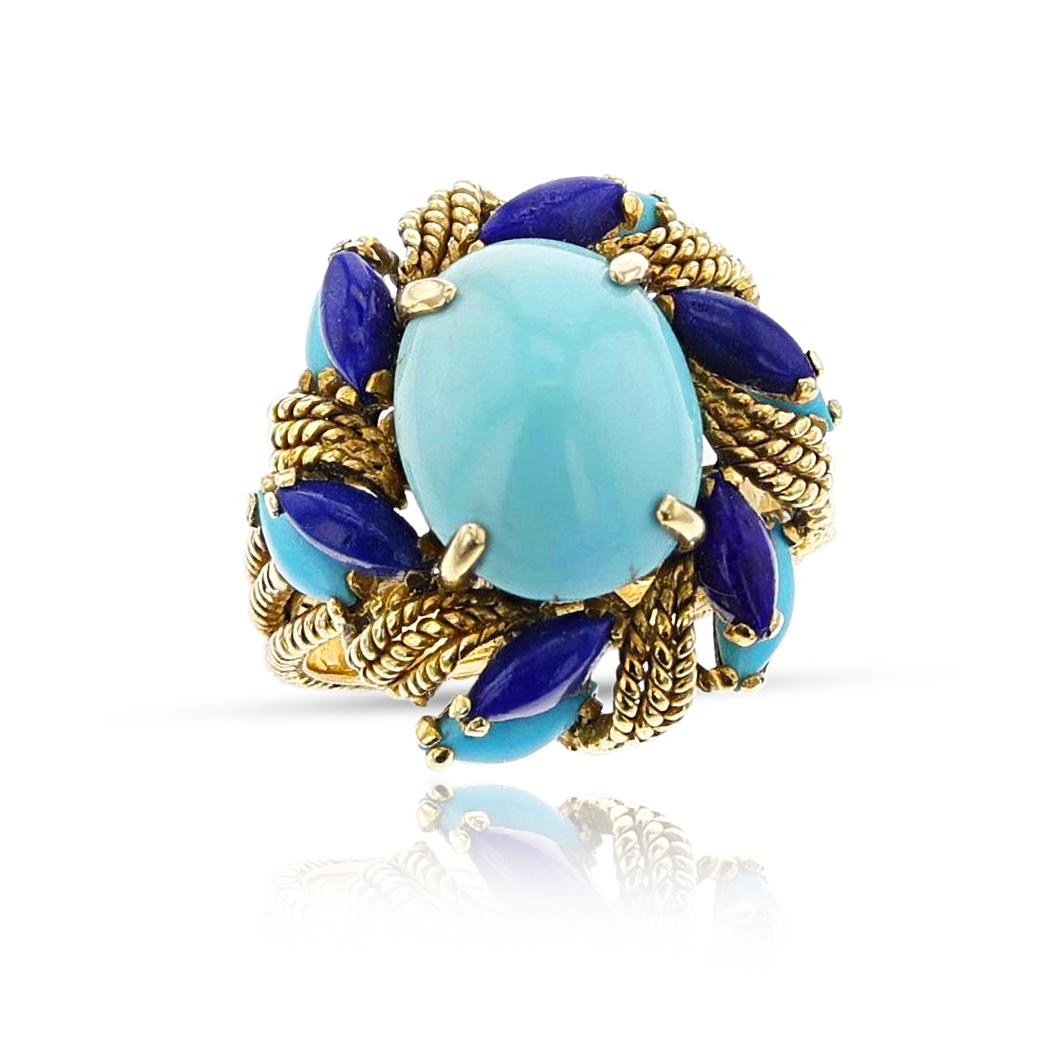 Vintage Turquoise and Lapis Lazuli Cocktail Ring, 14k For Sale 2