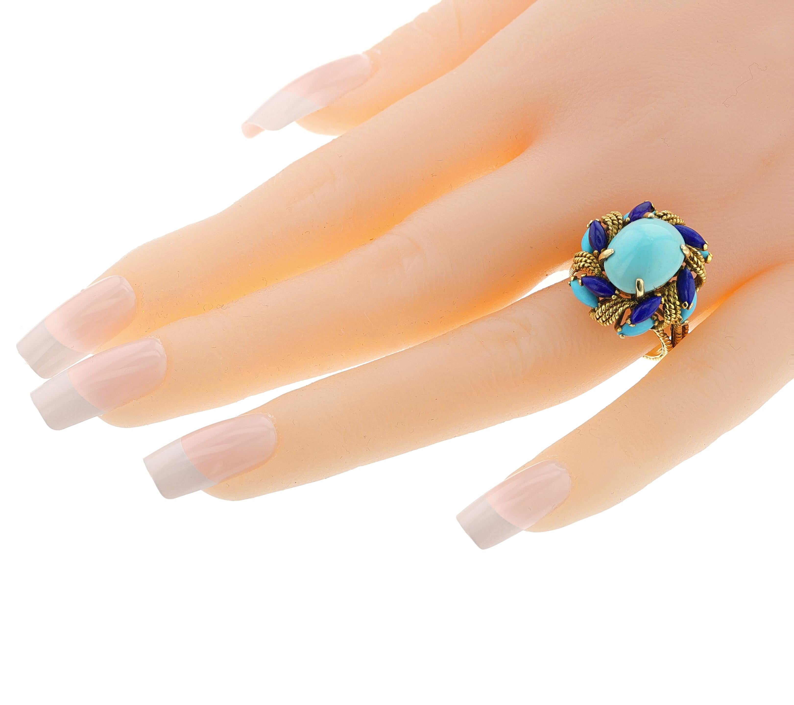 Vintage Turquoise and Lapis Lazuli Cocktail Ring, 14k For Sale 3