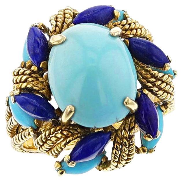 Vintage Turquoise and Lapis Lazuli Cocktail Ring, 14k