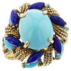 Vintage Turquoise and Lapis Lazuli Cocktail Ring, 14k
