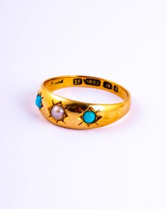Vintage Turquoise and Pearl 15 Carat Gold Three-Stone Ring
