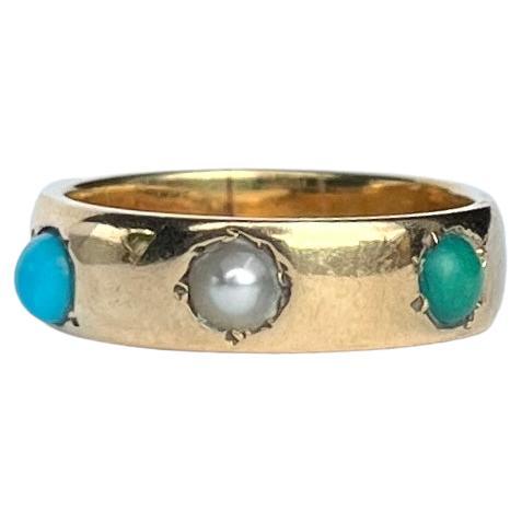 Vintage Turquoise and Pearl 18 Carat Gold Band For Sale