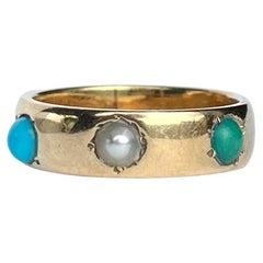 Antique Turquoise and Pearl 18 Carat Gold Band