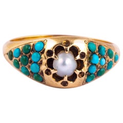 Vintage Turquoise and Pearl 18 Carat Gold Gypsy Ring