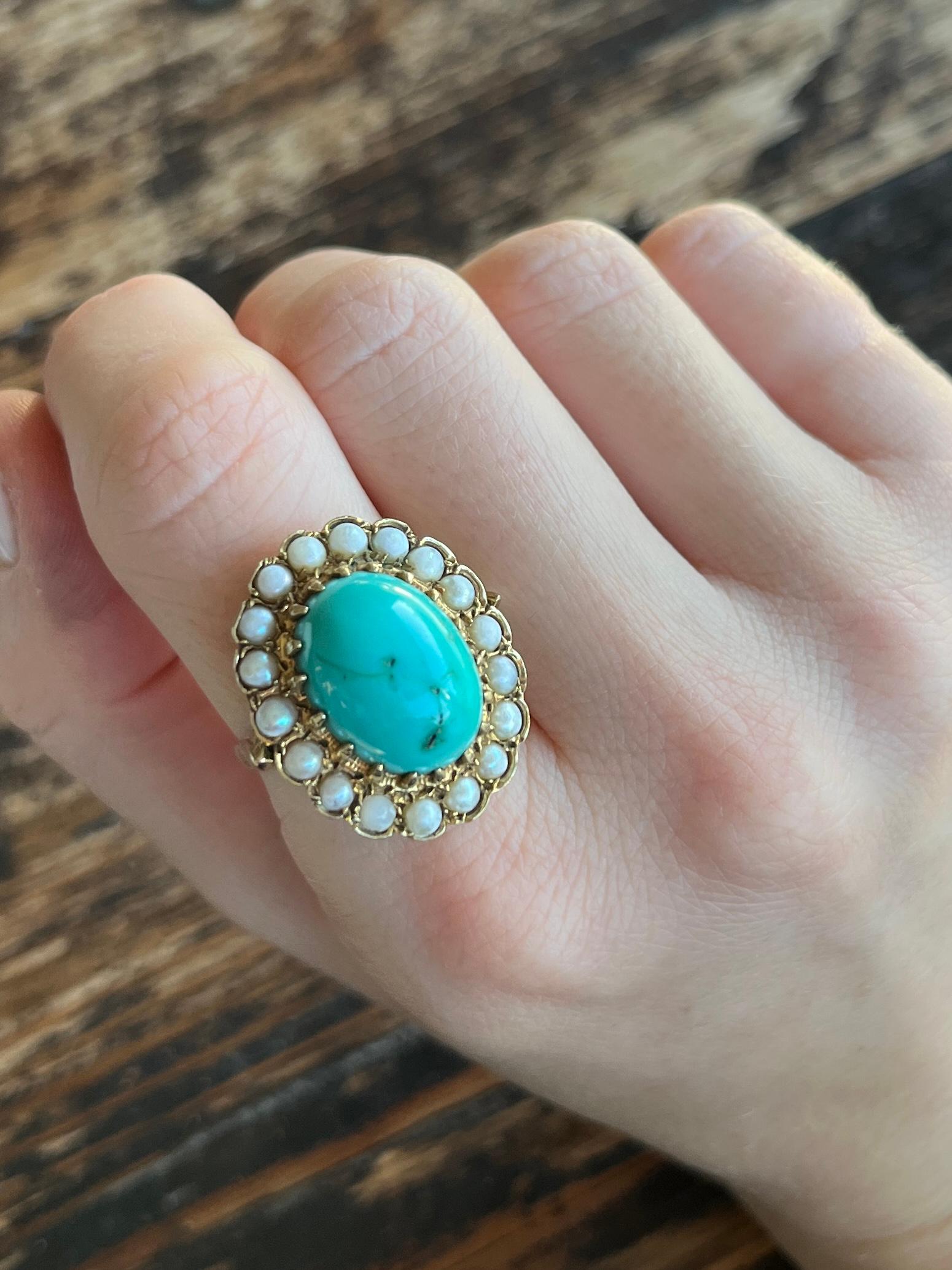 Cabochon Vintage Turquoise and Pearl 9 Carat Gold Cluster For Sale
