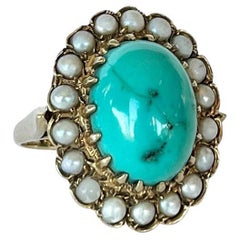 Türkis und Perle 9 Karat Gold Cluster im Vintage-Stil