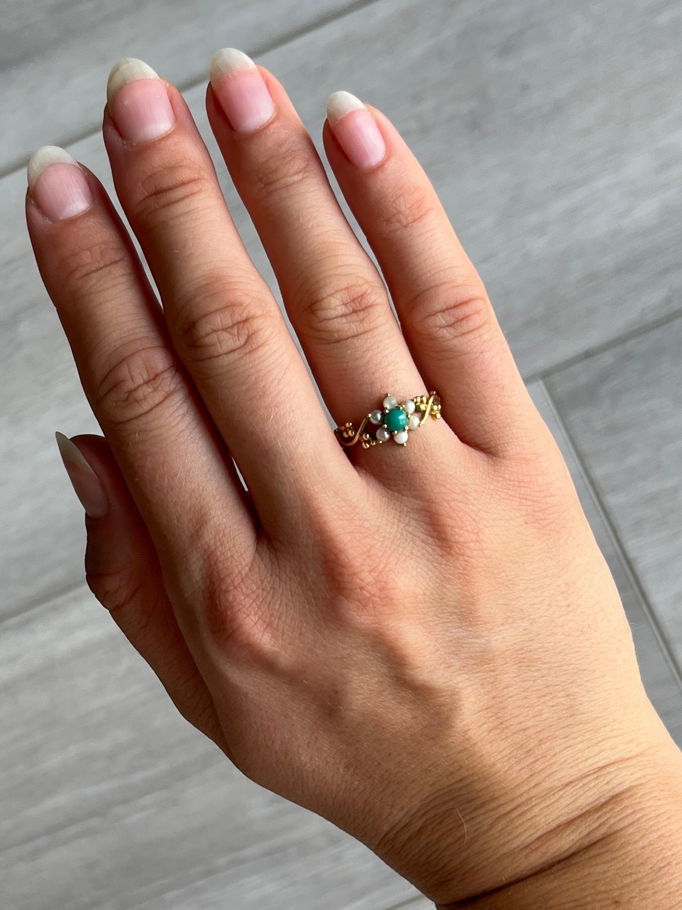 Round Cut Vintage Turquoise and Pearl 9 Carat Gold Cluster Ring