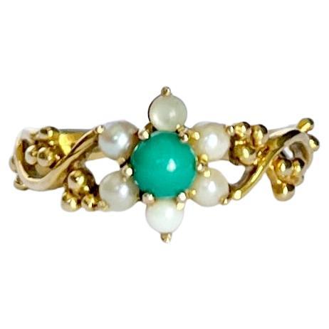 Vintage Turquoise and Pearl 9 Carat Gold Cluster Ring