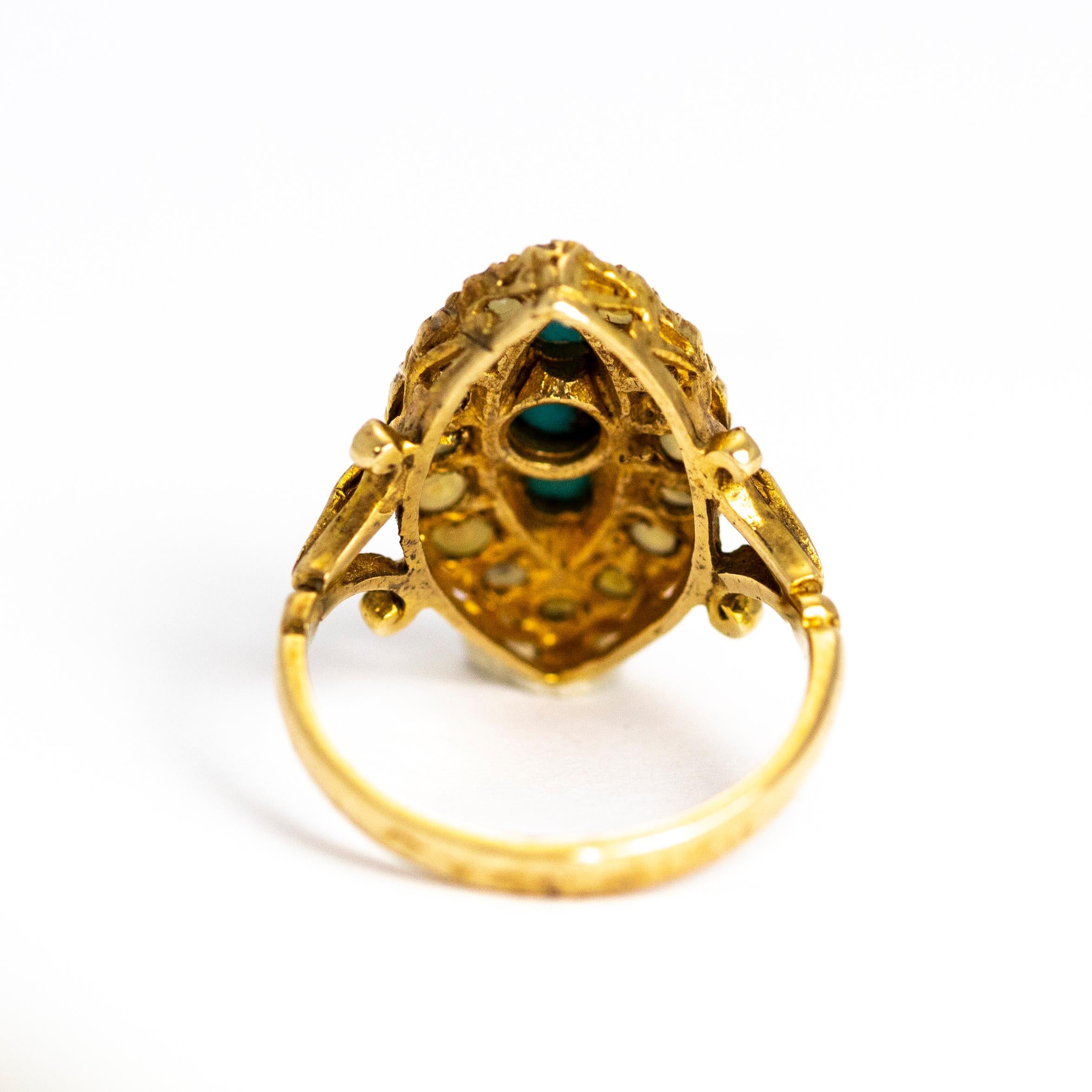 Vintage Turquoise and Pearl 9 Carat Gold Navette Ring In Good Condition In Chipping Campden, GB