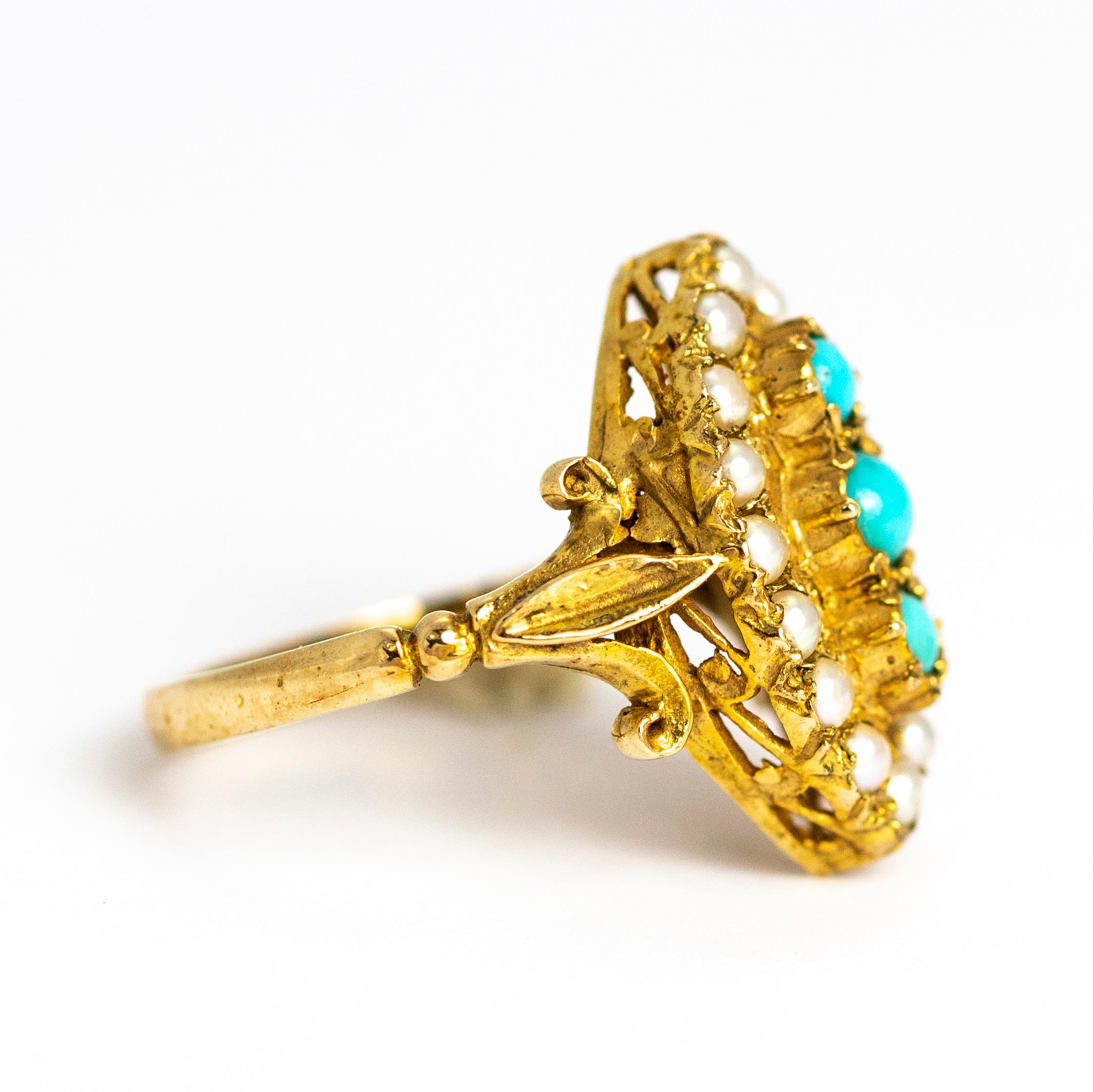 Vintage Turquoise and Pearl 9 Carat Gold Navette Ring 1
